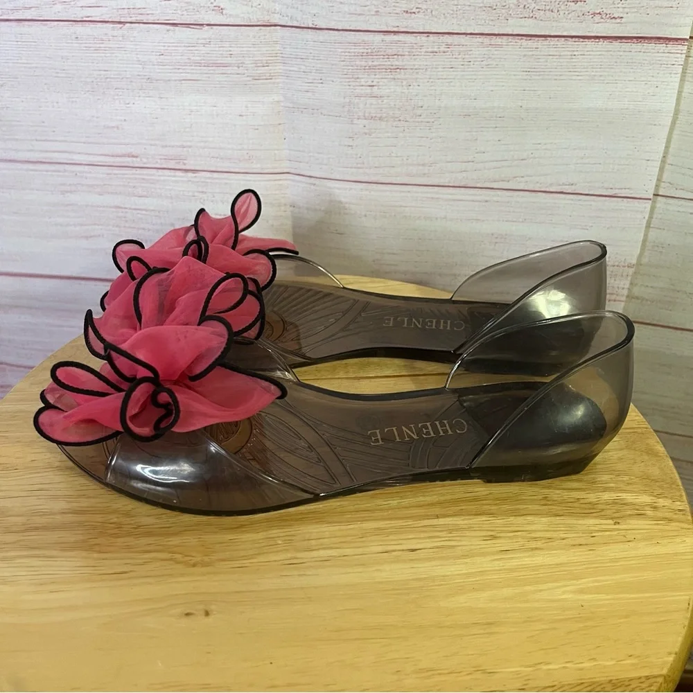 Chenle Bow Flower Peep‎ Toe Jelly Sandal Size 40